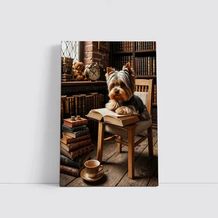 Yorkshire Terrier Reading Books Cozy Library