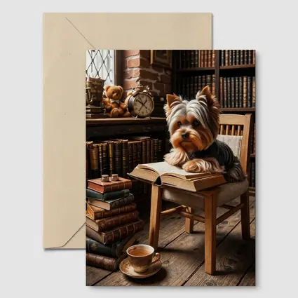 Yorkshire Terrier Reading Books Cozy Library