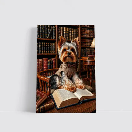 Yorkshire Terrier Reading Books in Library