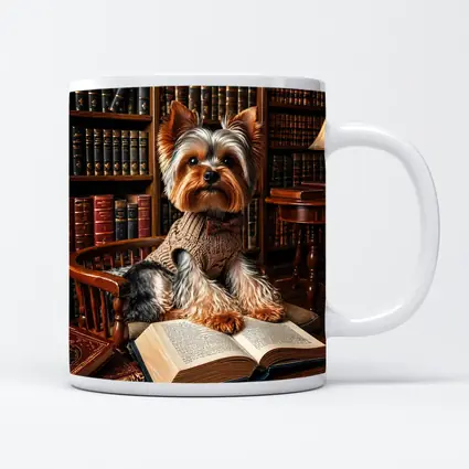 Yorkshire Terrier Reading Books in Library