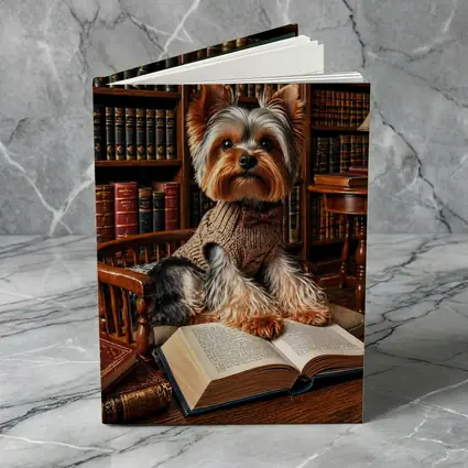 Yorkshire Terrier Reading Books in Library