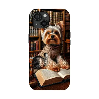 Yorkshire Terrier Reading Books in Library