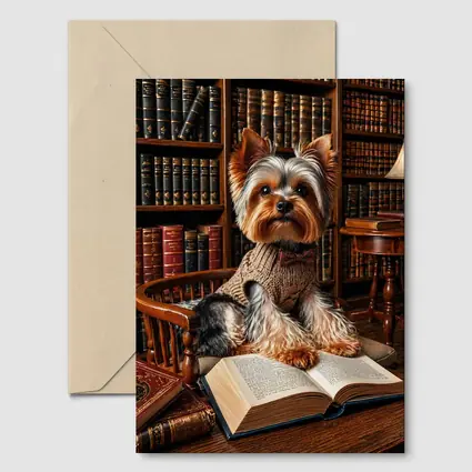 Yorkshire Terrier Reading Books in Library