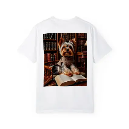 Yorkshire Terrier Reading Books in Library