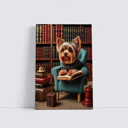 Yorkshire Terrier Reading Book in Library