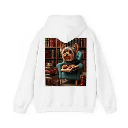 Yorkshire Terrier Reading Book in Library
