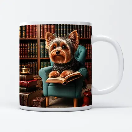 Yorkshire Terrier Reading Book in Library