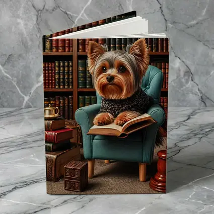 Yorkshire Terrier Reading Book in Library