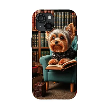Yorkshire Terrier Reading Book in Library