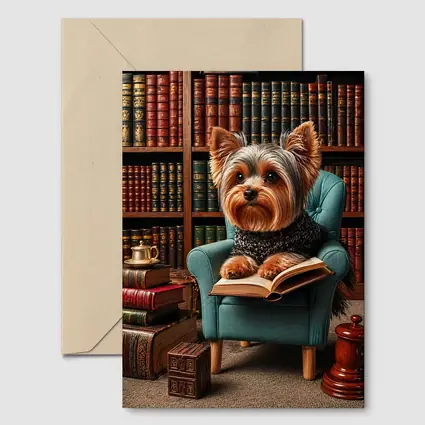 Yorkshire Terrier Reading Book in Library