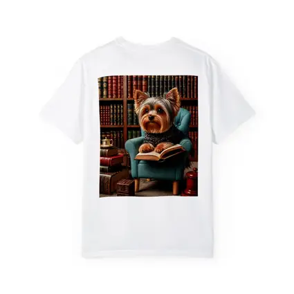 Yorkshire Terrier Reading Book in Library
