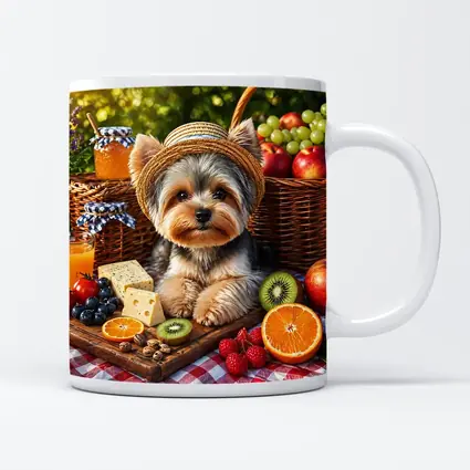 Yorkshire Terrier Picnic With Fruit and Cheese