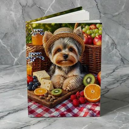 Yorkshire Terrier Picnic With Fruit and Cheese