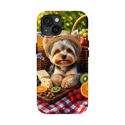 Yorkshire Terrier Picnic With Fruit and Cheese