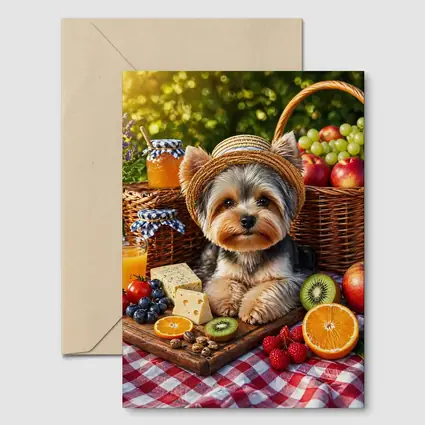 Yorkshire Terrier Picnic With Fruit and Cheese