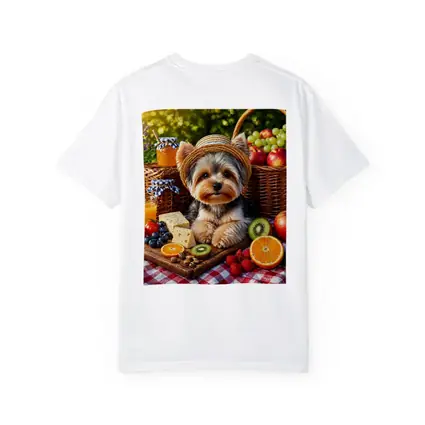 Yorkshire Terrier Picnic With Fruit and Cheese