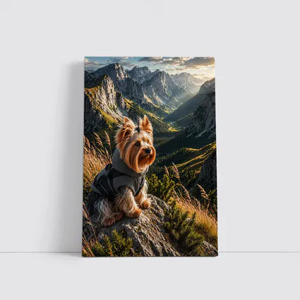 Yorkshire Terrier Sitting on Mountain Rocky Landscape