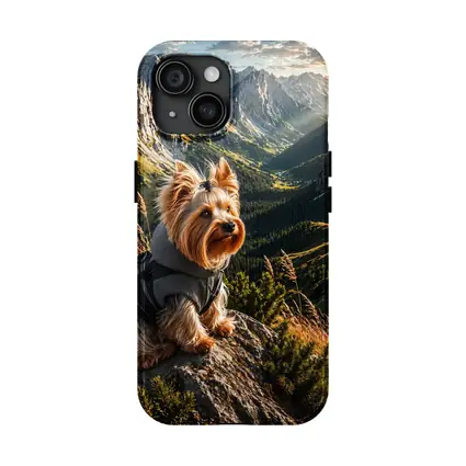Yorkshire Terrier Sitting on Mountain Rocky Landscape