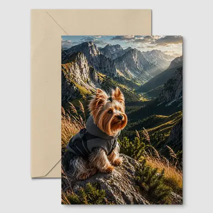 Yorkshire Terrier Sitting on Mountain Rocky Landscape