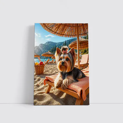 Yorkshire Terrier Relaxing on Beach Summer Day