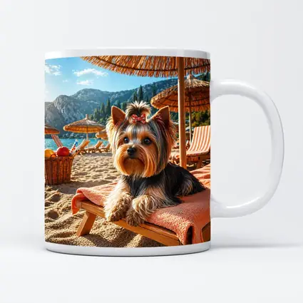Yorkshire Terrier Relaxing on Beach Summer Day