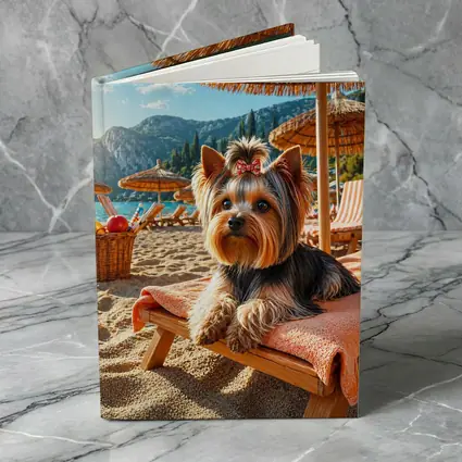 Yorkshire Terrier Relaxing on Beach Summer Day