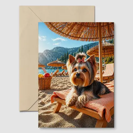 Yorkshire Terrier Relaxing on Beach Summer Day