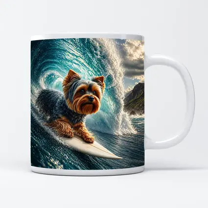 Yorkshire Terrier Surfing Giant Ocean Wave
