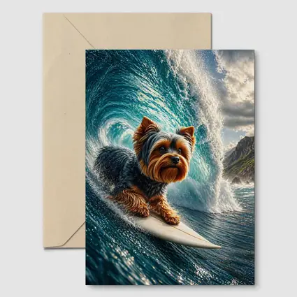 Yorkshire Terrier Surfing Giant Ocean Wave