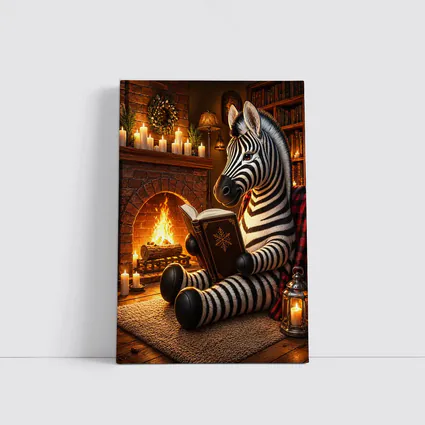 Zebra Reading Book by Cozy Fireplace