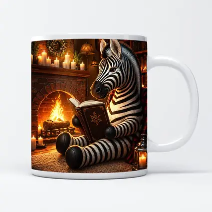 Zebra Reading Book by Cozy Fireplace