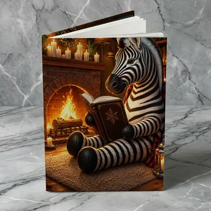 Zebra Reading Book by Cozy Fireplace