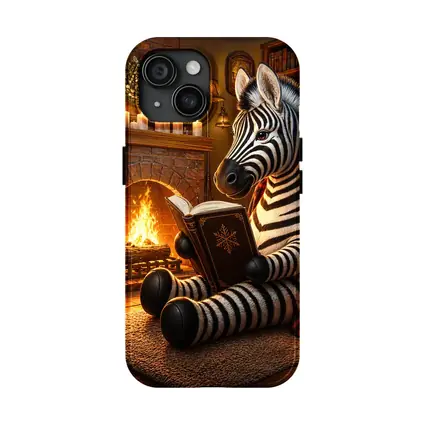 Zebra Reading Book by Cozy Fireplace