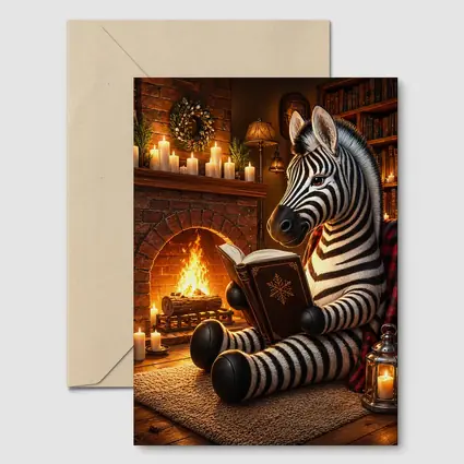 Zebra Reading Book by Cozy Fireplace