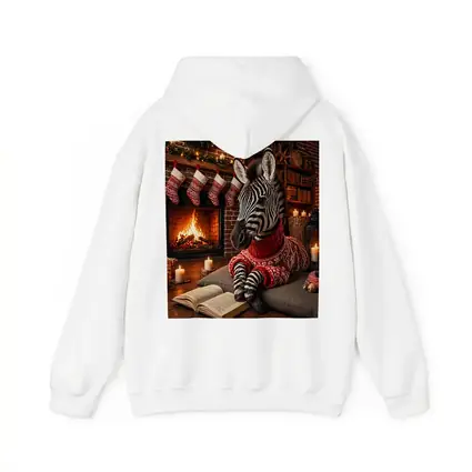 Zebra Reading Book by Christmas Fireplace