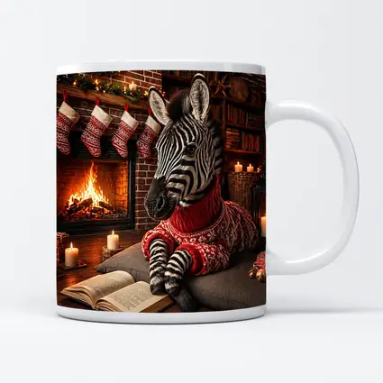 Zebra Reading Book by Christmas Fireplace