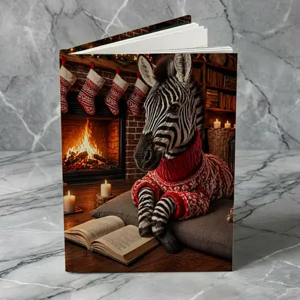 Zebra Reading Book by Christmas Fireplace