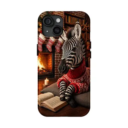 Zebra Reading Book by Christmas Fireplace