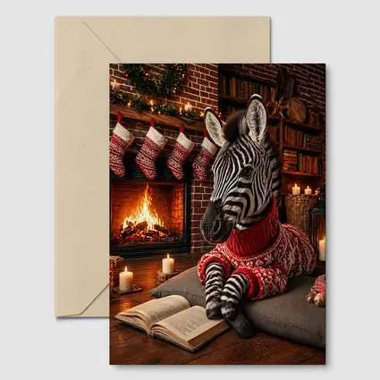 Zebra Reading Book by Christmas Fireplace