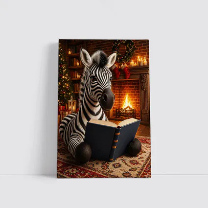 Zebra Reading Book By Christmas Fireplace