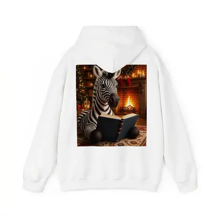 Zebra Reading Book By Christmas Fireplace