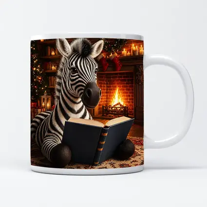 Zebra Reading Book By Christmas Fireplace