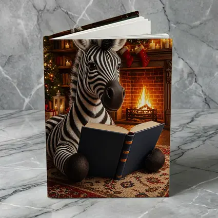 Zebra Reading Book By Christmas Fireplace