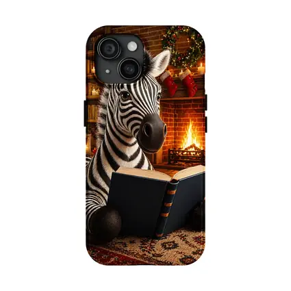 Zebra Reading Book By Christmas Fireplace