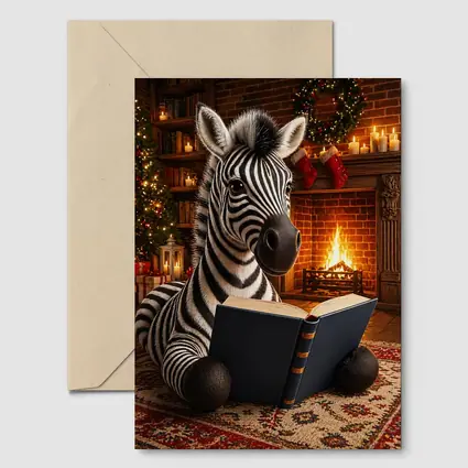 Zebra Reading Book By Christmas Fireplace