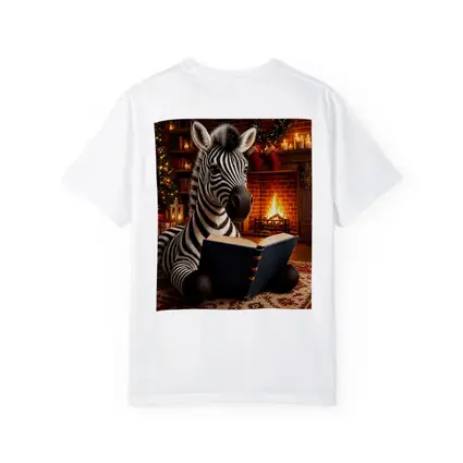 Zebra Reading Book By Christmas Fireplace