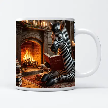 Zebra Reading Book By Cozy Fireplace