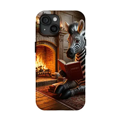 Zebra Reading Book By Cozy Fireplace