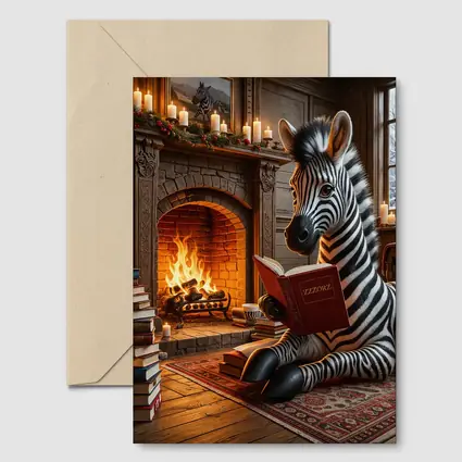 Zebra Reading Book By Cozy Fireplace