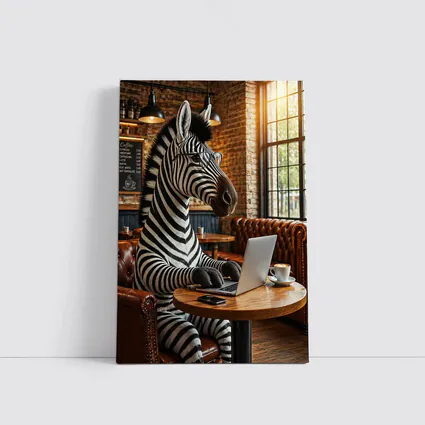 Zebra Working On Laptop In Coffee Shop